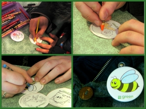 Making buttons - three different pictures of hands drawing and colouring button blanks, and one picture of a completed button with a bumblebee and the GPO logo and wordmark