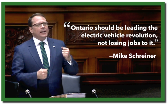 Quote: Ontario should be leading the electric vehicle revolution, not losing jobs to it." Mike Schreiner addresses the Legislative Assembly of Ontario