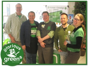Five people standing in a line facing the camera: The Glorious Greens: David Weber (KitSHesp), Mike Schreiner (Guelph), Bob Jonkman (KitCon), Zdravko Gunjevic (Waterloo), Stacey Danckert (KitCent)